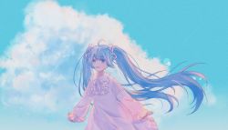 Rule 34 | 1girl, ahoge, backlighting, blue eyes, blue hair, blue sky, cloud, commentary, day, dress, frilled dress, frilled sleeves, frills, hair ornament, hatsune miku, highres, kasu (2795519931), long hair, looking at viewer, neck ribbon, open mouth, outdoors, pink dress, ribbon, sky, smile, solo, sparkling eyes, standing, symbol-only commentary, twintails, upper body, very long hair, vocaloid