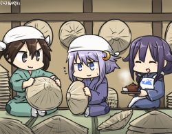 Rule 34 | 10s, 3girls, :3, :d, ahoge, alternate costume, apron, brown hair, commentary, crescent, crescent hair ornament, cup, dated, eyebrows, closed eyes, flying sweatdrops, hair between eyes, hair ornament, hair ribbon, hamu koutarou, hat, head scarf, kantai collection, long hair, long sleeves, low twintails, multiple girls, open mouth, patch, purple hair, ribbon, rice hat, short hair with long locks, sidelocks, sitting, smile, taigei (kancolle), teacup, teapot, tone (kancolle), tray, twintails, yayoi (kancolle)