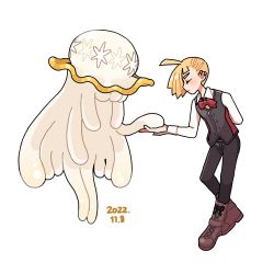 Rule 34 | 1boy, ahoge, alternate color, blonde hair, blush, boots, brown footwear, buttons, closed eyes, closed mouth, commentary request, creatures (company), daifuku (pokefuka art), dated, ear piercing, eyelashes, from side, game freak, gen 7 pokemon, gladion (pokemon), lillie (nihilego), long sleeves, male focus, nihilego, nintendo, pants, piercing, pokemon, pokemon (anime), pokemon journeys, pokemon swsh111, shiny pokemon, shirt, short hair, simple background, smile, ultra beast, vest, white background, white shirt