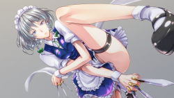 Rule 34 | 1girl, between fingers, black footwear, blue eyes, blue skirt, blue vest, bow, braid, collared shirt, dress shirt, dual wielding, ebido, eyebrows, frills, green bow, green ribbon, grey background, hair bow, highres, holding, izayoi sakuya, knife, looking at viewer, maid, maid headdress, mary janes, neck ribbon, on one knee, ribbon, shirt, shoes, short hair, short sleeves, silver hair, simple background, skirt, skirt set, socks, solo, thigh strap, throwing knife, touhou, upskirt, vest, weapon, white shirt, white socks, wrist cuffs