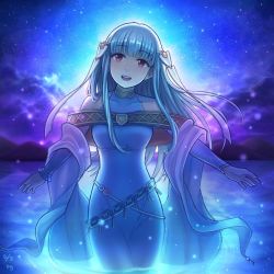 Rule 34 | 1girl, bare shoulders, blue hair, cape, dress, fire emblem, fire emblem: the blazing blade, hair ornament, long hair, looking at viewer, night, ninian, nintendo, ocean, open mouth, red eyes, smile, solo