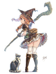 Rule 34 | 1girl, ass, boots, braid, brown eyes, brown hair, cat, fantasy, from behind, full body, gloves, hat, highres, holding, holding staff, kazeno, long hair, looking at viewer, looking back, original, panties, pantyshot, puffy short sleeves, puffy sleeves, short sleeves, solo, staff, standing, swept bangs, thighhighs, twin braids, underwear, white background, white panties, white thighhighs, witch hat