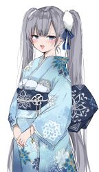 1girl alternate_costume blue_eyes blue_kimono blue_sash chigasaki_yukari commentary_request floral_print grey_hair hair_ribbon highres japanese_clothes kimono obi open_mouth original ribbon sash simple_background smile solo twintails white_background