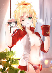 Rule 34 | 1girl, blonde hair, blush, breasts, cat, collarbone, commentary request, cup, fate/apocrypha, fate (series), green eyes, highres, holding, holding cup, iroha (shiki), jacket, long sleeves, looking at viewer, medium breasts, mordred (fate), mordred (fate/apocrypha), navel, one eye closed, open clothes, open jacket, panties, smile, striped clothes, striped panties, track jacket, underwear