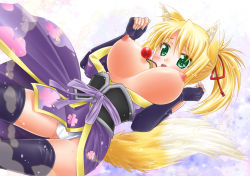 Rule 34 | 10s, 1girl, animal ears, blonde hair, blush, breasts, dog days, fingerless gloves, flower, fox ears, fox tail, gloves, green eyes, hair ribbon, japanese clothes, jewelry, large breasts, long hair, necklace, nipples, open clothes, open mouth, ponytail, ribbon, shinozuki takumi, solo, sweat, tail, thighhighs, yukikaze panettone