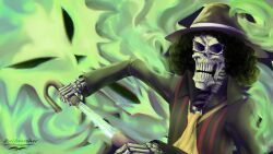 Rule 34 | 1boy, afro, black hair, black hat, brook (one piece), collarbone, commentary, english commentary, formal, ghost, hat, highres, holding, holding weapon, itselfsearcher, long sleeves, male focus, official alternate costume, one piece, open mouth, sheath, signature, skeleton, solo, suit, sword, unsheathing, weapon