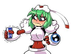 Rule 34 | 1girl, android, armor, blue eyes, breastplate, can, captainanaugi, closed mouth, covered navel, drink can, gloves, green hair, hair between eyes, hands up, hat, highres, holding, holding can, marina liteyears, nervous sweating, outstretched arm, pauldrons, pepsi, short hair, shoulder armor, simple background, soda can, solo, sweat, trembling, upper body, white background, yuke yuke!! trouble makers
