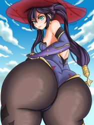 Rule 34 | 1girl, absurdres, artist name, ass, ass focus, black hair, blush, breasts, darboo, earrings, from behind, genshin impact, green eyes, hand on own hip, hat, highres, huge ass, jewelry, long hair, looking at viewer, looking back, medium breasts, mona (genshin impact), pantyhose, sky, solo, thick thighs, thighs, twintails, wide hips, witch hat