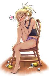 Rule 34 | 10s, 1girl, alcohol, alternate hairstyle, barefoot, beer, beer can, blonde hair, blush, bow, bow panties, breasts, cameltoe, can, chair, cleavage, collarbone, dagashi kashi, drink can, drunk, ear piercing, endou saya, fang, feet on chair, folded ponytail, full body, hair ornament, hairclip, head rest, heart, highres, knee to chest, long hair, looking at viewer, nikuku (kazedesune), panties, piercing, ponytail, purple panties, sidelocks, simple background, sitting, small breasts, smile, solo, spill, spoken heart, sweat, tank top, underwear, underwear only, used tissue, white background, wooden floor