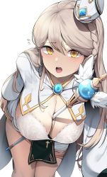 Rule 34 | 1girl, arm behind back, between breasts, bishop (maplestory), bra, braid, breasts, cape, cleavage, cleric, commentary, cowboy shot, cross, ddangbi, english commentary, gem, gold trim, hair between eyes, hanging breasts, hat, highres, lace, lace-trimmed bra, lace trim, large breasts, leaning forward, long hair, long sleeves, looking at viewer, lower teeth only, maplestory, open mouth, platinum blonde hair, priest, shrug (clothing), simple background, solo, sparkle, teeth, thighs, tilted headwear, underwear, upper teeth only, weapon, white background, white bra, winged wand, yellow eyes
