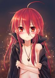 Rule 34 | 1girl, ahoge, alastor (shakugan no shana), bare shoulders, blush, cape, coat, collarbone, covering privates, covering breasts, crossed arms, flat chest, frown, jacket, jewelry, ks (xephyrks), long hair, looking at viewer, naked cape, naked coat, necklace, pendant, profile, red eyes, red hair, serious, shakugan no shana, shana, solo, upper body
