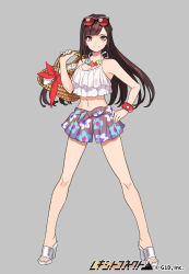 Rule 34 | 1girl, basket, bracelet, breasts, brown hair, copyright name, eyewear on head, floral print, full body, grey background, hand on own hip, high heels, jewelry, long hair, looking at viewer, midriff, navel, necklace, oda azumi, official art, pota (bluegutty), red eyes, reki connect, silver footwear, simple background, skirt, small breasts, smile, solo, standing, watermark