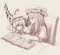Rule 34 | 2girls, blunt bangs, book, bow, capelet, crescent, crescent hat ornament, embodiment of scarlet devil, eye contact, female focus, flandre scarlet, hair bow, hat, hat ornament, lan. (pixiv), long hair, looking at another, monochrome, multiple girls, open book, patchouli knowledge, pointing, purple theme, ribbon, ryuuzaki (ereticent), short hair, tears, touhou, wings