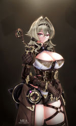 Rule 34 | 1girl, absurdres, artist name, breasts, brown background, brown gloves, brown jacket, brown shorts, cleavage, closed mouth, gloves, green eyes, green hair, headband, highres, honkai (series), honkai impact 3rd, jacket, large breasts, long hair, long sleeves, looking at viewer, mea (manami030), shorts, smile, solo, vill-v