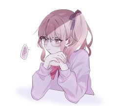 Rule 34 | ..., 1other, akiyama mizuki, androgynous, bespectacled, bow, bowtie, chasu, closed mouth, commentary, glasses, hair ribbon, hands up, highres, long hair, pink eyes, pink hair, project sekai, purple ribbon, purple sweater, red bow, red bowtie, ribbon, side ponytail, sidelocks, simple background, solo, spoken ellipsis, sweater, upper, white background