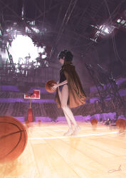 Rule 34 | 1girl, bad id, bad pixiv id, ball, bare legs, barefoot, basketball court, basketball hoop, black hair, black one-piece swimsuit, closed mouth, coat, commentary request, competition school swimsuit, full body, hair ornament, hairclip, highres, holding, holding ball, indoors, jacket, jacket on shoulders, looking away, looking to the side, one-piece swimsuit, original, red coat, reoen, ruins, school swimsuit, short hair, signature, solo, standing, swimsuit, x hair ornament