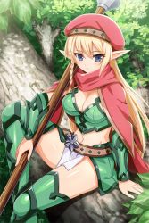 Rule 34 | alleyne (queen&#039;s blade), alleyne (queen&#039;s blade unlimited), armor, beret, bikini armor, blonde hair, blue eyes, boots, braid, breasts, cleavage, elf, hat, holding, holding polearm, holding spear, holding weapon, long hair, looking at viewer, medium breasts, navel, official art, outdoors, pointy ears, polearm, queen&#039;s blade, queen&#039;s blade unlimited, queen&#039;s blade white triangle, scarf, side braid, sitting, solo, spear, thigh boots, thighhighs, vambraces, very long hair, weapon