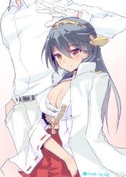 Rule 34 | 10s, 1boy, 1girl, admiral (kancolle), belt, blush, borrowed clothes, bow, breasts, brown eyes, buckle, cleavage, gloves, gradient background, grey hair, hair between eyes, hair ornament, hairband, hairclip, hand in pocket, hand up, haruna (kancolle), head out of frame, headpat, jacket, jacket on shoulders, japanese clothes, kantai collection, large breasts, long hair, long sleeves, looking away, nanasuke, nontraditional miko, open clothes, pants, pink background, pleated skirt, red bow, red skirt, ribbon-trimmed sleeves, ribbon trim, shirt, skirt, smile, solo focus, twitter username, unbuttoned, waving, white background, white gloves, white pants, white shirt, wide sleeves