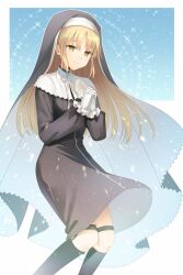 Rule 34 | 1girl, breasts, commentary request, gloves, habit, kneehighs, lanlanlap, nijisanji, nun, own hands clasped, own hands together, sister claire, small breasts, smile, socks, solo, thigh strap, virtual youtuber, white gloves