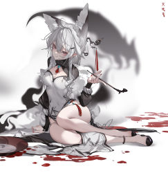 Rule 34 | 1girl, absurdres, animal ear fluff, animal ears, bare legs, black footwear, blood, blood splatter, breasts, cleavage, closed mouth, dress, hair between eyes, highres, holding, holding smoking pipe, long hair, long sleeves, looking at viewer, medium breasts, nail polish, original, pink eyes, red nails, shoes, sitting, smile, smoking pipe, solo, tatatsu, white background, white dress, white hair