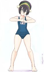 Rule 34 | 1girl, 2020, artist name, avatar: the last airbender, avatar legends, bare legs, barefoot, black hair, blue eyes, blue one-piece swimsuit, blush, collarbone, feet, female focus, full body, green hairband, hair between eyes, hairband, highres, looking at viewer, one-piece swimsuit, pom pom (clothes), school swimsuit, short hair, sidelocks, simple background, smile, solo, sooperman, swimsuit, teeth, thighs, toes, toph bei fong, white background