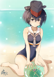 Rule 34 | 1girl, asymmetrical hair, ball, barefoot, beach, black hair, black one-piece swimsuit, brown eyes, crop top, framed breasts, full body, hair between eyes, hat, headphones, highres, i-13 (kancolle), island lagoon, kantai collection, looking at viewer, one-piece swimsuit, sailor collar, school swimsuit, short hair, signature, smile, solo, swimsuit, tsurime
