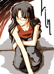 Rule 34 | 00s, 1girl, black hair, blue eyes, breasts, cleavage, collarbone, fate/stay night, fate (series), female focus, fue (rhomphair), full body, glasses, head tilt, leaning forward, long hair, looking at viewer, pants, red-framed eyewear, sitting, sleeveless, small breasts, solo, tank top, tohsaka rin