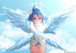 Rule 34 | 10s, 1girl, ahoge, angel, angel wings, blanc (neptunia), blue hair, blue sky, cloud, day, female focus, four goddesses online: cyber dimension neptune, halo, looking at viewer, mashiroheart, multiple wings, neptune (series), outdoors, power symbol, power symbol-shaped pupils, red eyes, short hair with long locks, sidelocks, signature, sky, solo, symbol-shaped pupils, triforce, twitter username, white heart (neptunia), wings