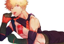 Rule 34 | 10s, 1boy, bakugou katsuki, between pectorals, blonde hair, boku no hero academia, can, coca-cola, drink can, gloves, guuchun, looking at viewer, lying, male focus, on stomach, pectorals, red eyes, simple background, soda can, solo, spiked hair, tongue, tongue out, white background