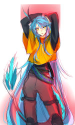 Rule 34 | 1boy, absurdres, belt, blue hair, denif (elsword), dragon boy, dragon horns, dragon tail, elsword, highres, horns, kazaashamiko, long hair, long sleeves, looking at viewer, male focus, open mouth, pants, parted lips, pointy ears, ponytail, sketch, solo, tail, white background, yellow eyes