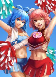 Rule 34 | 2girls, ;d, absurdres, adapted costume, alternate costume, arm up, armpits, blue eyes, blue hair, blush, breasts, bun cover, cheerleader, contemporary, cowboy shot, crop top, double bun, hair bun, hair ornament, hair rings, hair stick, highres, ibaraki kasen, kaku seiga, looking at viewer, medium breasts, miniskirt, multiple girls, navel, one eye closed, open clothes, open mouth, open vest, parted lips, pink hair, pom pom (cheerleading), red eyes, shirt, short hair, skirt, sleeveless, sleeveless shirt, smile, stomach, strapless, touhou, tube top, vest, yasaidon