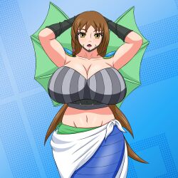 Rule 34 | absurdres, age progression, alternate hairstyle, arm wrap, armor, artist request, belt, breasts, brown hair, cleavage, cloak, curvy, digimon, digimon ghost game, fangs, fins, highres, huge breasts, long arms, long hair, metal bra, mutant, navel, scales, sexually suggestive, shoulder armor, snake tail, sparkling eyes, tail, udagawa aoi, white cloak, wrapped, yeezusdraw, yellow eyes