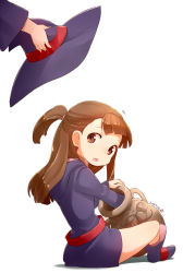 Rule 34 | 10s, 1girl, 2015, boots, brown eyes, brown hair, dated, full body, hat, unworn hat, unworn headwear, kagari atsuko, little witch academia, long hair, looking at viewer, looking back, nagian, open mouth, pot, sitting, solo focus, witch, witch hat