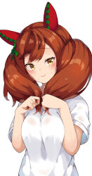Rule 34 | 1girl, alternate costume, animal ears, blush, bow, breasts, breasts squeezed together, brown eyes, closed mouth, commentary request, ear bow, ear covers, green bow, highres, holding own hair, horse ears, horse girl, looking at viewer, medium breasts, medium hair, multicolored hair, nice nature (umamusume), red hair, sawara noa, shirt, short sleeves, simple background, smile, solo, streaked hair, sweat, twintails, umamusume, upper body, white background, white shirt
