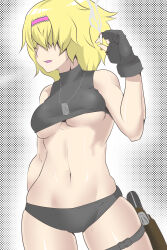 Rule 34 | 1girl, absurdres, alice margatroid, asha, black gloves, black panties, black sports bra, blonde hair, breasts, cigarette, commentary request, cookie (touhou), cowboy shot, fingerless gloves, frilled hairband, frills, gloves, gun, hair between eyes, hair over eyes, hairband, handgun, highres, holding, holding cigarette, holstered, jigen (cookie), long bangs, medium breasts, open mouth, panties, pink hairband, solo, sports bra, touhou, underboob, underwear, weapon, white background