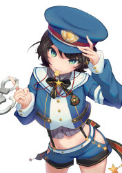 Rule 34 | 1girl, absurdres, aqua eyes, arm up, armband, black bow, black bowtie, black hair, blouse, blowing whistle, blue hat, blue jacket, blue shorts, blush, bow, bowtie, commentary, cowboy shot, cropped jacket, cuffs, grey shirt, hand on headwear, hand up, handcuffs, hat, highres, hip vent, holding, holding handcuffs, hololive, jacket, looking at viewer, midriff, mouth hold, oozora subaru, oozora subaru (work), police, police hat, police uniform, shirt, short hair, short shorts, shorts, shyi, simple background, solo, standing, striped clothes, striped shirt, uniform, vertical-striped clothes, vertical-striped shirt, virtual youtuber, whistle, whistle around neck, whistling, white background, white jacket