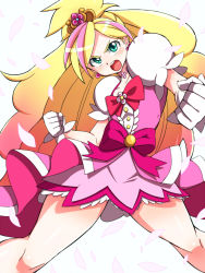 Rule 34 | 1girl, aqua eyes, blonde hair, bow, choker, clenched hands, cure flora, gloves, go! princess precure, gradient hair, haruno haruka, highres, konboi-eg, looking at viewer, magical girl, multicolored hair, open mouth, pink hair, ponytail, precure, simple background, solo, two-tone hair, waist bow, white background, white gloves