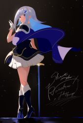 Rule 34 | 1girl, absurdres, blue footwear, blue jacket, cape, closed mouth, colored inner hair, english text, full body, gloves, gohan (gohanchang), grey hair, hair ornament, hand up, high heels, highres, jacket, lize helesta, long hair, looking at viewer, looking back, multicolored hair, nijisanji, purple eyes, sidelocks, skirt, smile, solo, sparkle, sword, virtual youtuber, walking, weapon, white gloves, white skirt