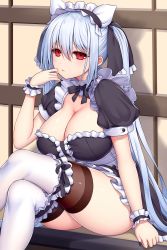 Rule 34 | 1girl, absurdres, asamura hiori, black dress, black thighhighs, breasts, crossed legs, dress, highres, large breasts, maid, maid headdress, original, over-kneehighs, puffy short sleeves, puffy sleeves, red eyes, short dress, short sleeves, silver hair, sitting, solo, thighhighs, twintails, white thighhighs, wrist cuffs