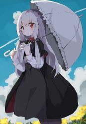 Rule 34 | 1girl, azana, black bow, black capelet, black skirt, blue sky, blush, bow, capelet, closed mouth, cloud, cloudy sky, commentary request, contrail, day, flower, frilled umbrella, frills, grey hair, hair between eyes, hair bow, highres, holding, holding umbrella, long hair, long sleeves, outdoors, red eyes, shirt, sidelocks, skirt, sky, solo, sophie twilight, tonari no kyuuketsuki-san, umbrella, very long hair, white shirt, white umbrella, yellow flower
