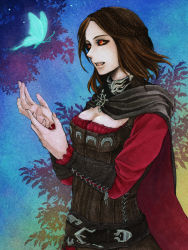 Rule 34 | 1girl, belt, black sclera, brooch, brown hair, bug, butterfly, cape, colored sclera, corset, cross-laced clothes, enigma bug, fingernails, gradient background, insect, jewelry, long sleeves, marker (medium), open mouth, orange eyes, serana, short hair, solo, the elder scrolls, the elder scrolls v: skyrim, traditional media, vampire