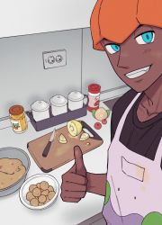 Rule 34 | 1boy, absurdres, apron, blue eyes, bowl, brown shirt, character print, chatea, commentary request, cooking, creatures (company), cutting board, dark-skinned male, dark skin, food, game freak, gen 6 pokemon, goomy, grin, highres, indoors, jar, knife, korean commentary, looking at viewer, male focus, nintendo, orange headwear, pokemon, pokemon (creature), pokemon swsh, pot, raihan (pokemon), selfie, shirt, smile, solo, t-shirt, teeth, thumbs up