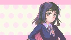 Rule 34 | 1girl, blazer, blue hair, blue jacket, blue ribbon, blush, collared shirt, colored inner hair, doki doki literature club, flower, hair flower, hair ornament, hair ribbon, hairclip, hands on own hips, highres, hina misora, jacket, multicolored background, multicolored hair, neck ribbon, open collar, pink background, pink eyes, pink hair, pink ribbon, pout, ribbon, school uniform, shirt, sr leo , sweater vest, symbol-shaped pupils, two-tone hair, two side up, v-shaped eyebrows, virtual youtuber, wactor production, white shirt, wing collar