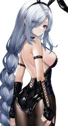 Rule 34 | 1girl, absurdres, alternate costume, animal ears, ass, back, backless leotard, black hairband, black leotard, blue eyes, braid, breasts, closed mouth, elbow gloves, eyes visible through hair, fake animal ears, fingerless gloves, from behind, genshin impact, gloves, grey hair, hair over one eye, hairband, highres, large breasts, latex, leotard, long hair, looking at viewer, looking back, low-braided long hair, low-tied long hair, no tail, pantyhose, playboy bunny, rabbit ears, raiya atelier, shenhe (genshin impact), shiny clothes, sideboob, simple background, solo, strap gap, very long hair, white background