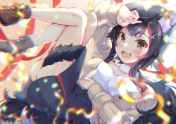 Rule 34 | 1girl, animal ear fluff, animal ears, ass, birthday, black hair, black skirt, blush, breasts, brown footwear, hair ornament, hairclip, hand on own head, hand on own stomach, happy birthday, highres, hololive, large breasts, leg up, long hair, looking at viewer, lying, mihaeru, multicolored hair, ookami mio, ookami mio (street), open mouth, red hair, skirt, smile, solo, streaked hair, tail, thighhighs, virtual youtuber, wolf ears, wolf girl, wolf tail, yellow eyes, zettai ryouiki