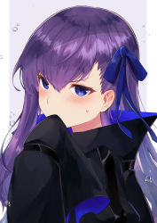 Rule 34 | 1girl, black jacket, blue eyes, blue ribbon, blush, border, breasts, covering own mouth, fate/extra, fate/extra ccc, fate (series), grey background, high collar, highres, itsumi mita, jacket, long hair, long sleeves, looking at viewer, meltryllis (fate), purple hair, ribbon, simple background, sleeves past fingers, sleeves past wrists, white border