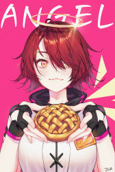 Rule 34 | 1girl, :3, apple pie, arknights, black gloves, blush, breasts, commentary, exusiai (arknights), fingerless gloves, food, glint, gloves, hair over one eye, halo, hands up, high collar, holding, holding food, jacket, large breasts, looking at viewer, orange eyes, pie, pink background, red hair, short hair, signature, simple background, smile, solo, upper body, white jacket, xxinainaxx