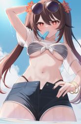 Rule 34 | 1girl, absurdres, alternate costume, arm up, bikini, bikini under clothes, black bikini, blue shorts, blue sky, bracelet, breasts, brown hair, cloud, crop top, day, denim, denim shorts, eyewear on head, flower, food in mouth, genshin impact, hair flower, hair ornament, hand on own hip, highres, hiyayo25, hu tao (genshin impact), jewelry, medium breasts, navel, open fly, outdoors, plum blossoms, popsicle, popsicle in mouth, red eyes, red flower, see-through, see-through shirt, shiny skin, shirt, short shorts, shorts, sky, solo, stomach, sunglasses, swimsuit, tied shirt, wading, wet, wet clothes, wet shirt