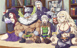 Rule 34 | &gt; &lt;, 3boys, 4girls, ^ ^, abs, amazon (dragon&#039;s crown), annoyed, armor, bare shoulders, beard, black gloves, blonde hair, book, bookshelf, boots, bracelet, chips (food), cloak, closed eyes, controller, dragon&#039;s crown, dress, dualshock, dwarf (dragon&#039;s crown), elf (dragon&#039;s crown), facial hair, fake horns, feather hair ornament, feathers, fighter (dragon&#039;s crown), food, forehead jewel, game console, game controller, gamepad, gloves, green shirt, hair ornament, hat, helmet, horned helmet, horns, jewelry, long hair, multiple boys, multiple girls, muscular, muscular female, natsumi chorisuke, open mouth, playing games, playstation 3, playstation controller, pointing, pointy ears, potato chips, pteruges, purple dress, purple eyes, red hair, room, seiza, shirt, sitting, smile, sorceress (dragon&#039;s crown), sweatdrop, thigh boots, thighhighs, tiki (dragon&#039;s crown), white gloves, white hair, wizard (dragon&#039;s crown), wizard hat