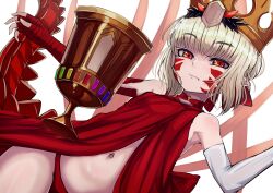 Rule 34 | 1girl, b.d, bare shoulders, blonde hair, breasts, chalice, commentary, crown, cup, dragon tail, dress, elbow gloves, facial mark, fang, fate/grand order, fate (series), gloves, hair bun, hair intakes, hair ribbon, highres, looking at viewer, medium hair, navel, nero claudius (fate), nero claudius (fate) (all), panties, pointy ears, queen draco (fate), queen draco (first ascension) (fate), red dress, red eyes, red panties, red ribbon, ribbon, scales, single glove, small breasts, solo, tail, underwear, white gloves